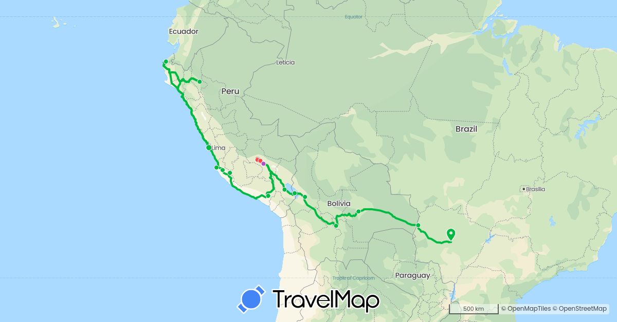 TravelMap itinerary: driving, bus, train, hiking in Bolivia, Brazil, Ecuador, Peru (South America)
