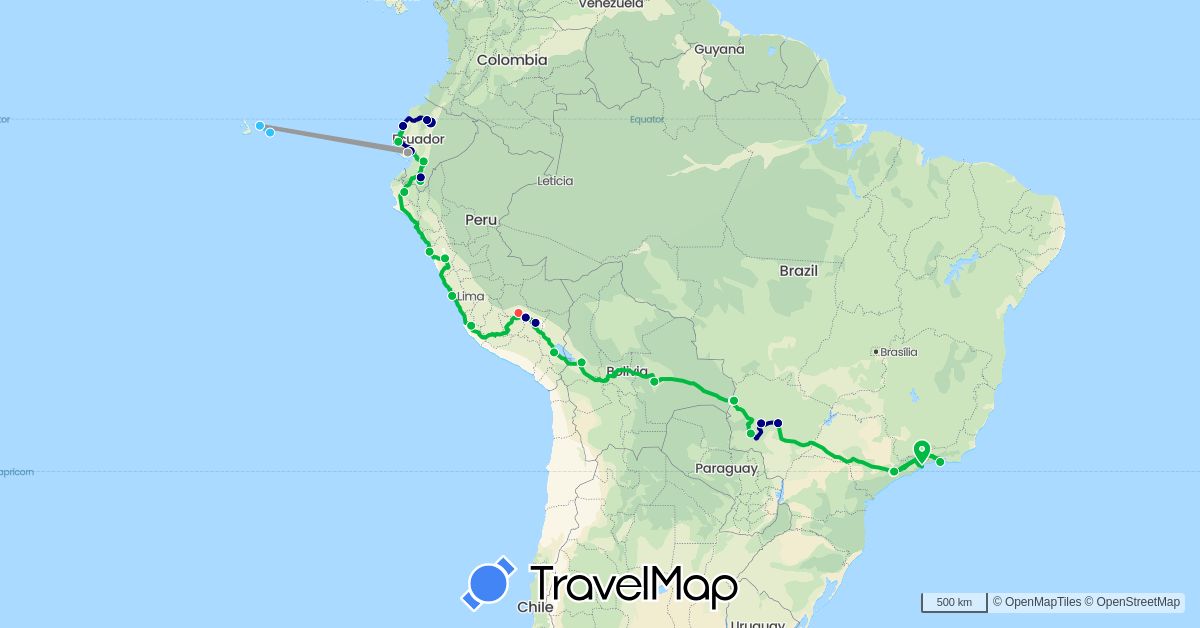 TravelMap itinerary: driving, bus, plane, train, hiking, boat in Bolivia, Brazil, Ecuador, Peru (South America)
